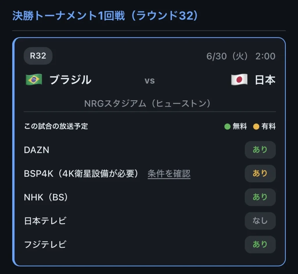 W杯2026決勝T1回戦 ブラジル対日本（6/30 2:00 NRGスタジアム）の放送予定カード