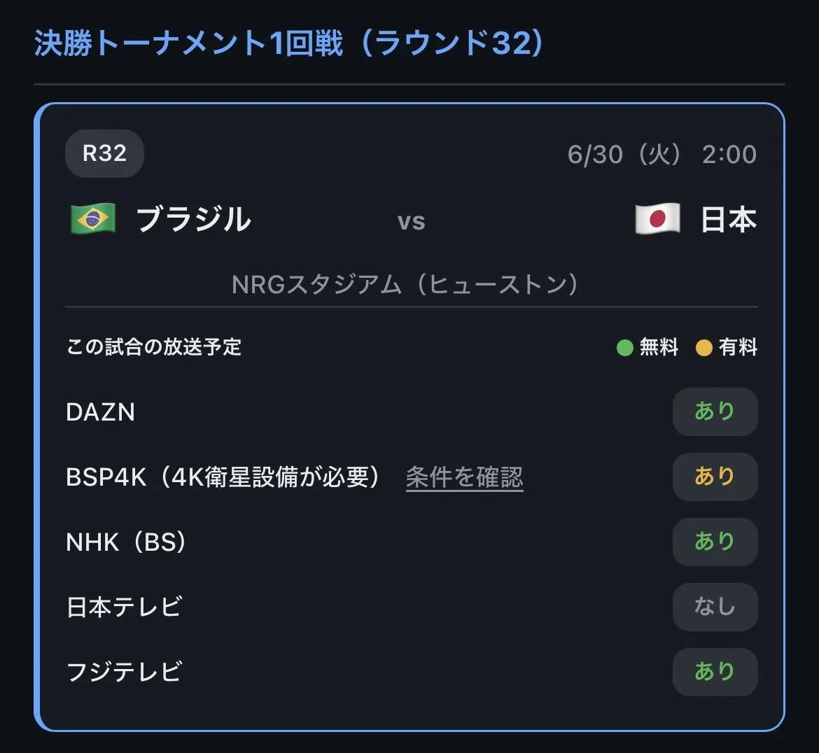 W杯2026決勝T1回戦 ブラジル対日本(6/30 2:00 NRGスタジアム)の放送予定カード